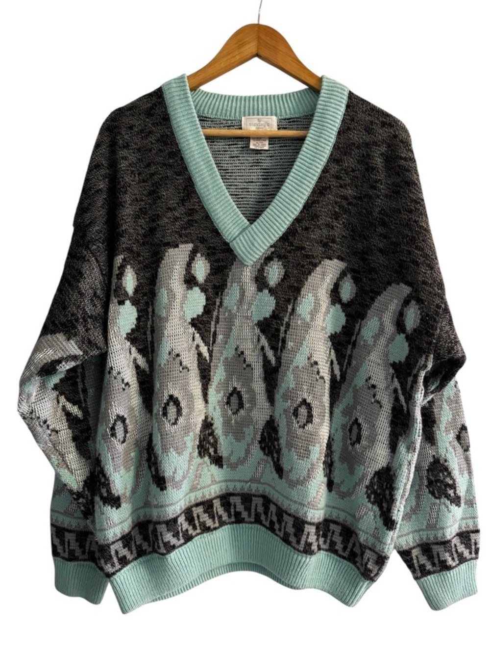Y2K Abstract Grandpa Sweater Teal Geometric Knit XL